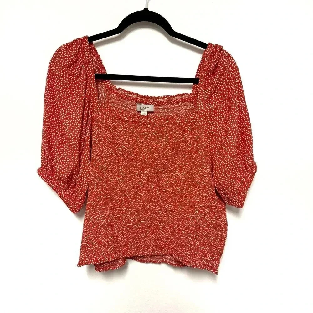 NWT LOFT Polka Dot Smocked Puff Sleeve Blouse Top - Summer Square Neck